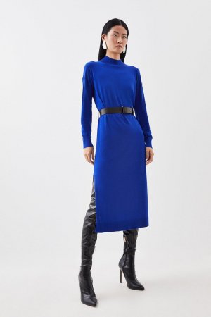 Вязаное платье миди из смеси кашемира с воротником-воронкой и поясом , синий Karen Millen