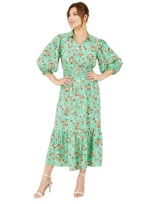 Платье-рубашка миди с цветочным принтом и объемными рукавами , зеленый Yumi