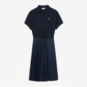 Женское плиссированное платье-поло с короткими рукавами [Темно-синий] Lacoste