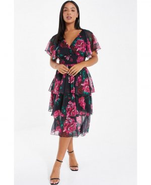 Женское шифоновое платье миди с блестками и цветочным принтом QUIZ, черный Quiz