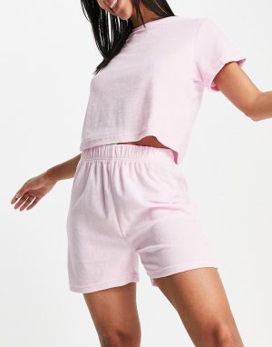 Розовый махровый комплект из футболки и шорт -Розовый цвет Missguided