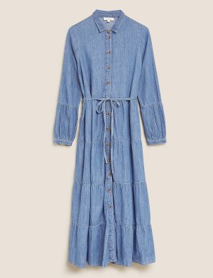 Джинсовое многоярусное платье-рубашка с поясом Per Una. Цвет: светлый индиго