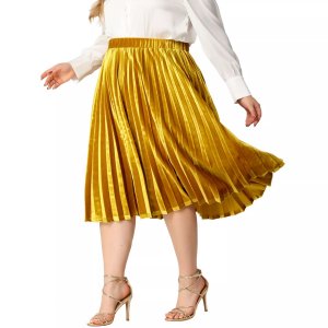 Бархатные плиссированные юбки больших размеров для женщин, вечерние юбки-миди с эластичной резинкой на талии, металлик-гармошка , золотой Agnes Orinda
