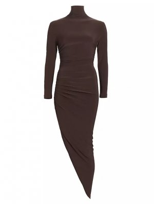 Платье миди с длинными рукавами, воротником и драпировкой по бокам , шоколад Norma Kamali