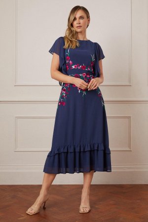 Платье миди премиум-класса с заниженной талией и вышивкой , темно-синий Wallis