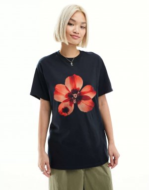 Черная оверсайз-футболка с запрессованным цветком ASOS. Цвет: черный
