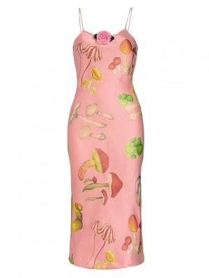 Шелковое платье-комбинация с грибным принтом, розовый Rodarte
