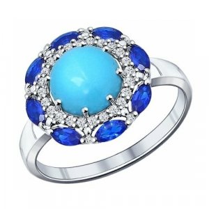 Перстень Кольцо из серебра с бирюзой и синими фианитами 18 размер, серебро, 925 проба, родирование, бирюза синтетическая, фианит, размер 18, голубой, серебряный SOKOLOV. Цвет: голубой/серебристый/синий/синий-серебристый