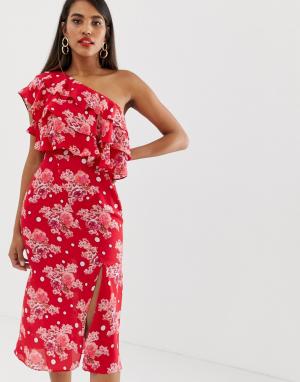 Платье миди на одно плечо с цветочным принтом -Красный Talulah