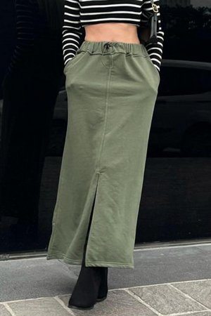 Зеленая женская юбка-миди цвета хаки с разрезом спереди MG1614 MADMEXT