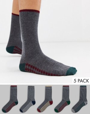 Набор из 5 пар носков с принтом гусиная лапка -Серый Burton Menswear