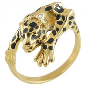 Перстень Леопард, желтое золото, 585 проба, родирование, бриллиант, эмаль, размер 17.5, черный, желтый Альдзена