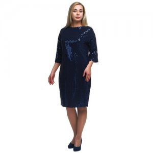 Платье нарядное праздничное офисное блестящее полуприталенное 3/4 рукав plus size (большие размеры) OL/1805017/1V-64 OLS. Цвет: синий