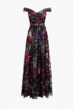 Тюлевое платье с открытыми плечами и цветочной вышивкой MARCHESA NOTTE, фиолетовый Notte