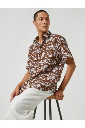 Летняя рубашка с цветочным принтом и коротким рукавом классическим воротником , коричневый Koton