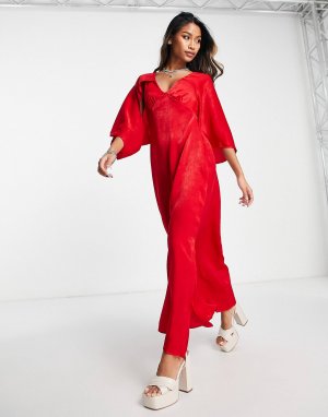 Красное атласное платье миди с накидкой Topshop