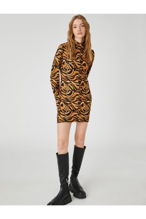Мини-зимнее платье-карандаш с леопардовым узором, высоким воротником и длинными рукавами , разноцветный Koton