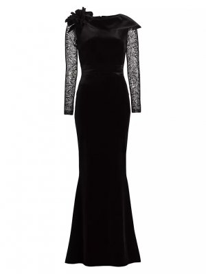 Платье Fudo из бархата и кружева с прозрачными рукавами цветочной аппликацией , черный Chiara Boni La Petite Robe