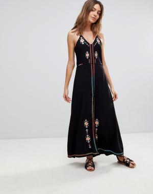 Пляжное платье макси с вышивкой Surf Gypsy. Цвет: черный