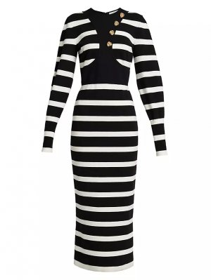 Полосатое платье-миди из смесовой шерсти с жгутами Alexander Mcqueen, цвет black ivory McQueen