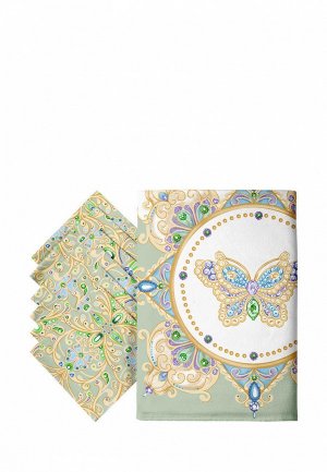 Набор кухонного текстиля Mia Cara рогожка, скатерть 145х220 + 6 салфеток 32х32 Diamond. Цвет: зеленый