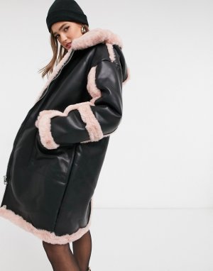 Удлиненное пальто в стиле oversized из искусственной кожи с розовым мехом azala-Черный Jakke