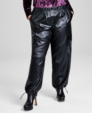Модные широкие брюки-карго из искусственной кожи больших размеров , черный And Now This