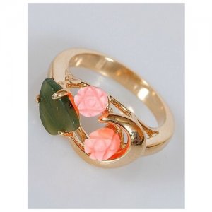 Кольцо помолвочное , нефрит, коралл, размер 16, зеленый, розовый Lotus Jewelry. Цвет: зеленый/розовый