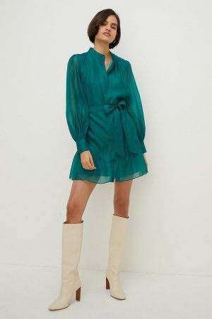 Мини-платье-рубашка из органзы с длинными рукавами , зеленый Oasis