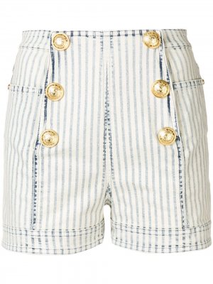 Полосатые джинсовые шорты в стиле милитари Balmain. Цвет: нейтральные цвета