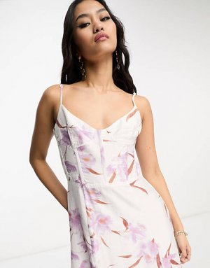 Платье миди цвета слоновой кости с цветочным принтом Bardot
