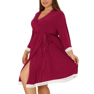 Женская ночная рубашка больших размеров, халат с запахом и поясом, кружевная отделка, пижама рукавами 3/4 Agnes Orinda