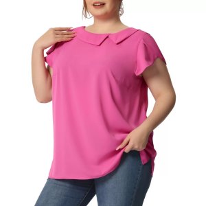 Женская летняя однотонная шифоновая блузка больших размеров с короткими рукавами и кепкой , ярко-розовый Agnes Orinda