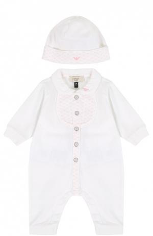 Комплект из хлопковой пижамы и шапки Giorgio Armani. Цвет: белый