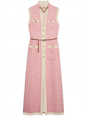 Длинное твидовое платье с цепочным поясом Gucci. Цвет: розовый