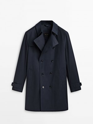 Двубортная непромокаемая куртка-тренч, темно-синий Massimo Dutti