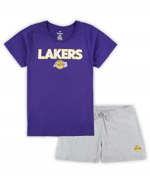 Женский комбинированный комплект из футболки и шорт больших размеров Los Angeles Lakers фиолетового серого цвета с логотипом бренда Fanatics