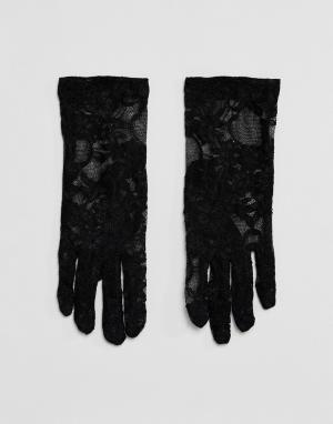 Эластичные кружевные перчатки длиной до запястья Leg Avenue. Цвет: черный