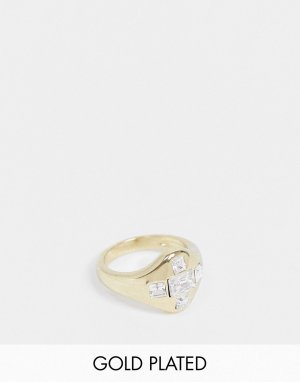 Позолоченное кольцо-печатка с мозаикой из камней огранкой «багет» -Золотой Luv AJ