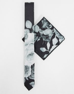 Узкий галстук и платок для нагрудного кармана с цветочным принтом -Черный цвет Bolongaro Trevor