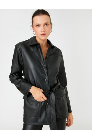 Кожаная куртка оверсайз с рубашечным воротником и поясом , черный Koton