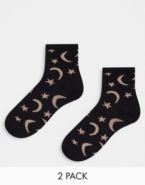 Набор из 2 пар черных носков органического хлопка с принтом солнца и звезд -Черный Monki