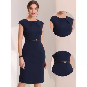 Элегантное офисное платье для женщин, рабочие платья-футляры с круглым вырезом и рукавами поясом, темно-синий ALLEGRA K