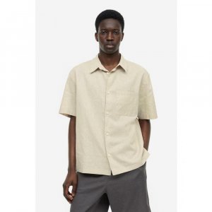 HM Рубашка из смесового льна с коротким рукавом свободного покроя, бежевая 1036745021 H&M