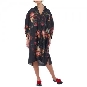 Платье-рубашка из фактурного шёлка яркими цветами OVERSIZE, 50-58 Iya Yots. Цвет: черный