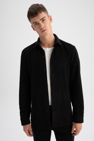 Флисовая куртка-рубашка стандартного кроя с длинными рукавами , черный DeFacto