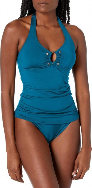 Женский однотонный купальник танкини с лямкой на шее и съемными мягкими чашками , цвет Agean Calvin Klein