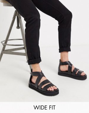 Черные кожаные сандалии-гладиаторы для широкой стопы с массивной подошвой -Черный цвет ASOS DESIGN