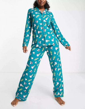 Пижамный комплект с рубашкой и брюками длинными рукавами бирюзового цвета принтом кота кактуса Chelsea Peers