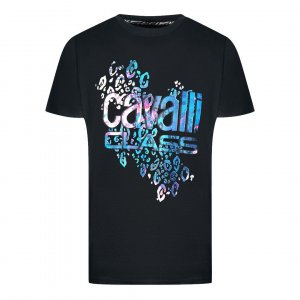 Черная футболка с леопардовым принтом и логотипом Cavalli Class, черный CLASS
